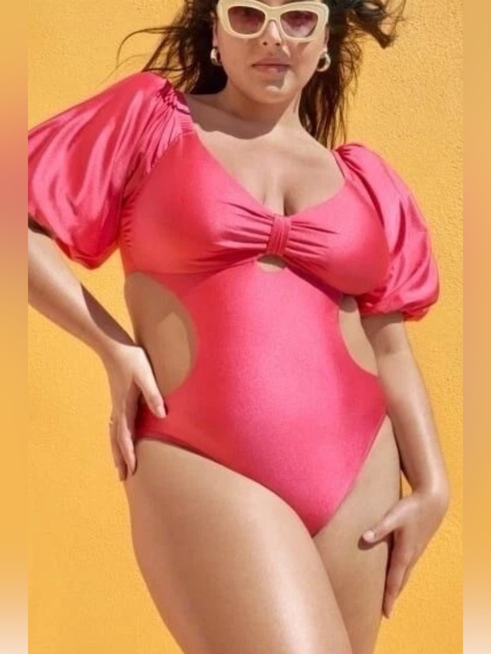Noel x Target Metallic Orange Puff Sleeve Cut Out One Piece Swimsuit